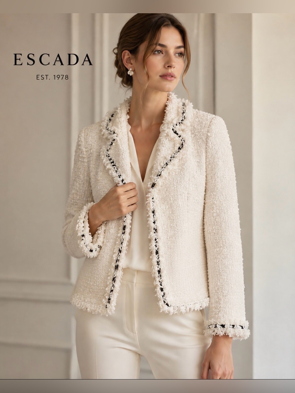 Escada Ivory Bouclé Tweed Fringe Open Front Jacket Blazer EU 34 US XS